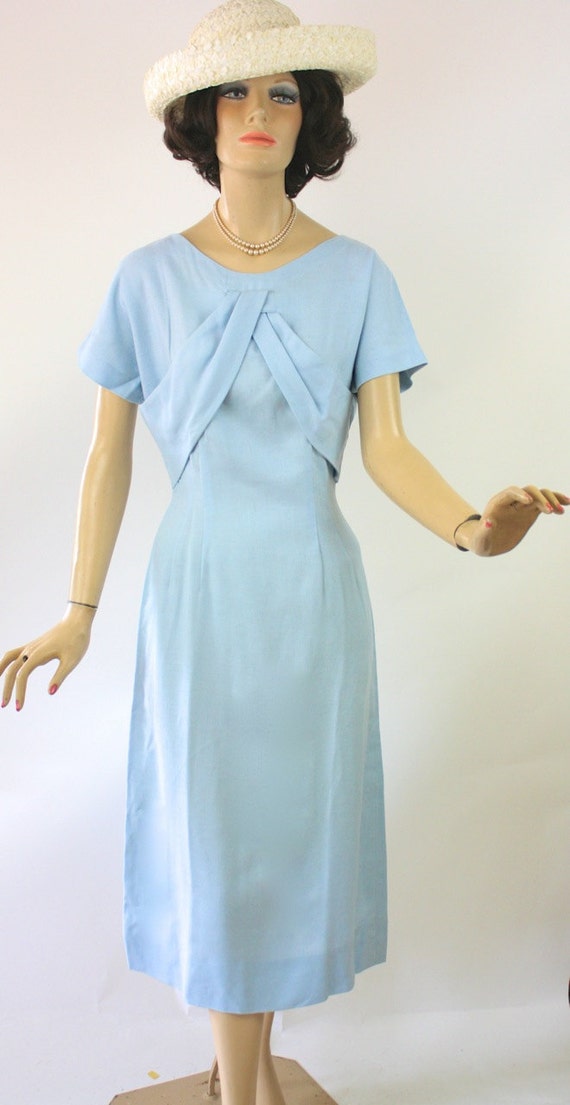 Vintage 50s Vera Maxwell Dress Light Blue Linen Dinner Dress