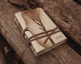 leather journal, notebook, diary in brown and beige with vintage style old paper, custom personalized quote - Memories of a Tree