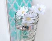 Moroccan wall vase - mason jar & wood - rustic style - aqua and white