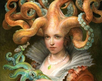Contessa with Squid (print) fantasy art octopus woman squid tentacles mother and child