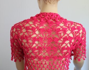 Lace Crochet Cotton Hot Pink Shrug Bolero / Summer cardigan, jacket , Beach cloth -Ready to ship