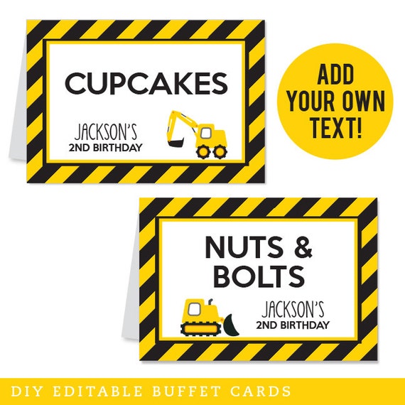 instant download construction party buffet cards editable printable