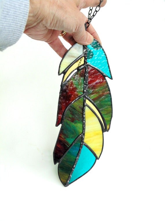 Feather suncatcher large stained glass by DesignsStainedGlass