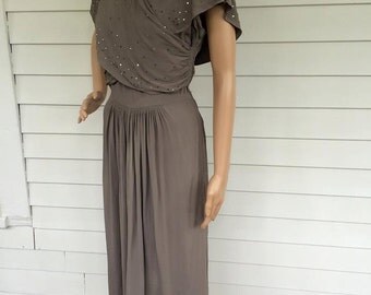 Vintage 40s Draped Dress Sequins Gray Strong Shoulder 1940s S TLC AS Is