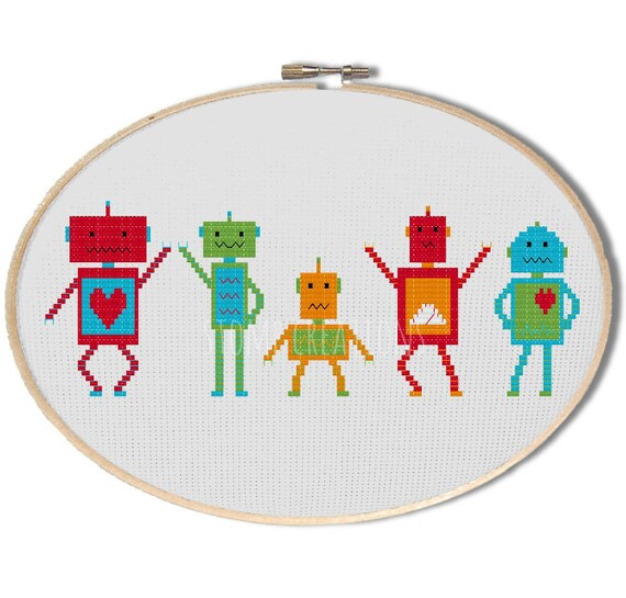 Robots cross stitch pattern Dancing Robots by StompCreations