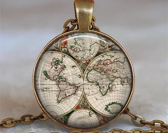 Antique World Map pendant, world map necklace, antique map jewelry, map resin pendant keychain key chain key fob