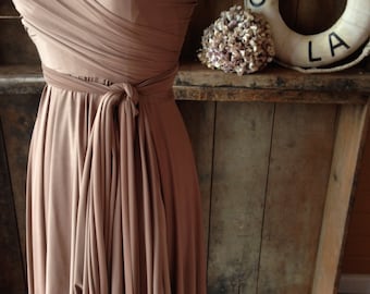 Newport Coast Mocha Silky Satin Jersey-Octopus Convertible Wrap Short Dress- Bridesmaids, Wedding, Etc.