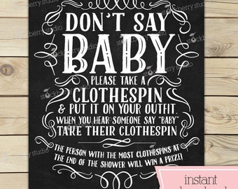 Chalkboard Baby Shower Don't Say Baby Game Printable - Clothes Pin Game - Chalkboard Baby Shower Games - Chalkboard Baby Shower Sign