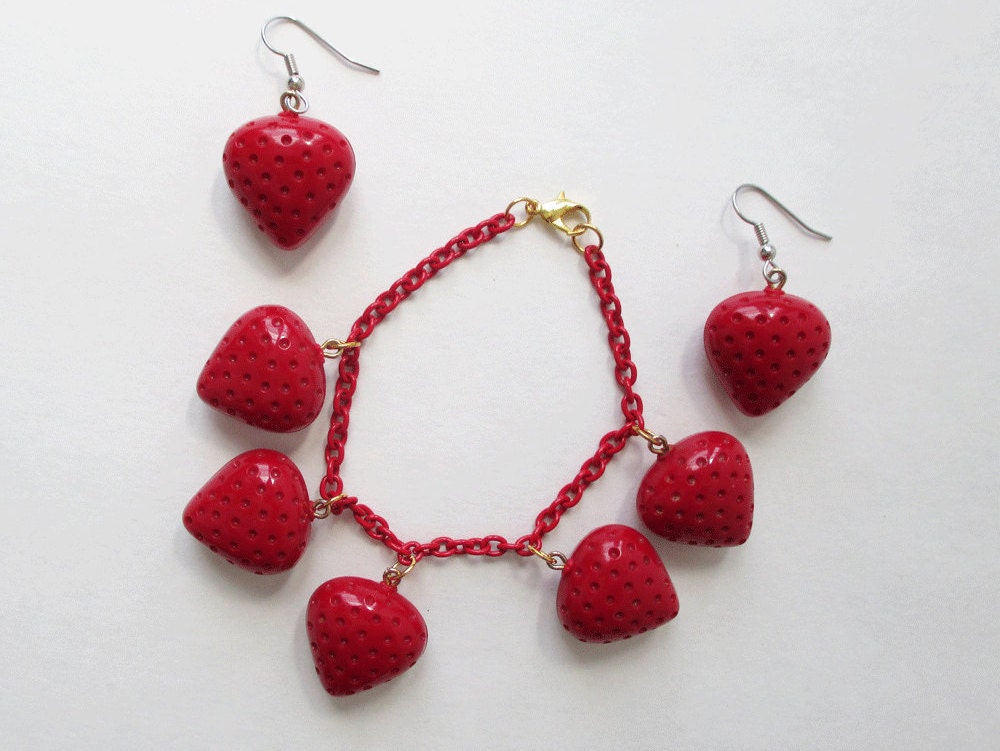 Strawberry Charm Bracelet And Earring Set By Artsix On Etsy