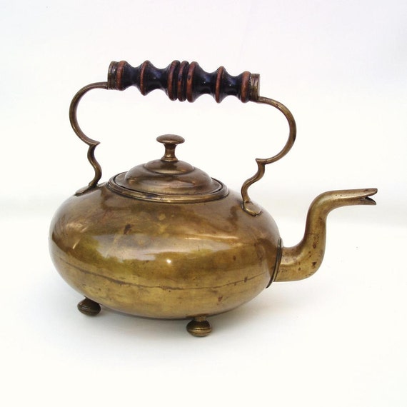 Vintage Brass Tea Kettle Metal Teapot Gooseneck Hot Toddy Kettle Wooden
