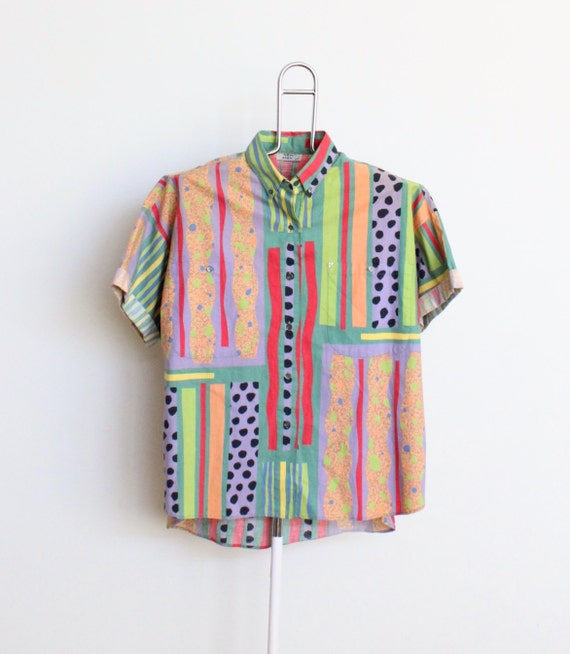 Mens Color Block Shirt Extra Large 40 Vintage Short Sleeve