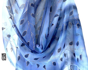 Hand Painted Silk Shawl Wrap, Scarf Gift for Wife, Copper Gold and Dark Blue Vine, Silk Chiffon Scarf, 21x89 inches. Made to order