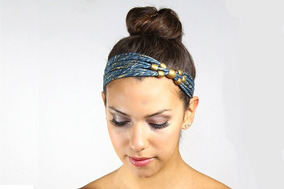 blue headband Beaded Headband blue and gold by jahannamartinez