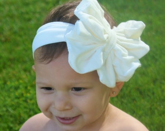 White Baby Bow Headband - White Floppy Bow - Messy Bow Head Wrap - Big White Bow