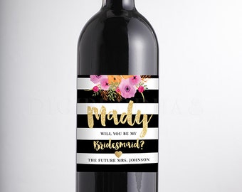 Will You Be My Bridesmaid? WINE LABEL Watercolor Bloom Faux Gold Glitter Personalized Maid of Honor Matron of Honor DIY or Printed- Mady