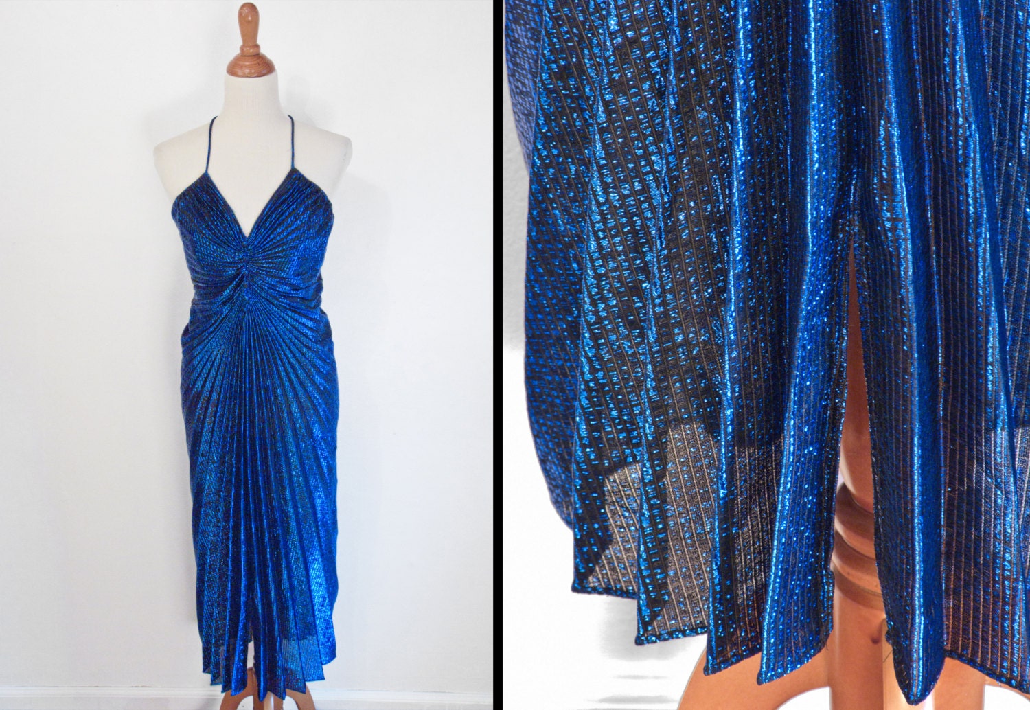 Sparkly Disco Dress 1980s Lerner ACCORDION Pleat Sapphire Blue