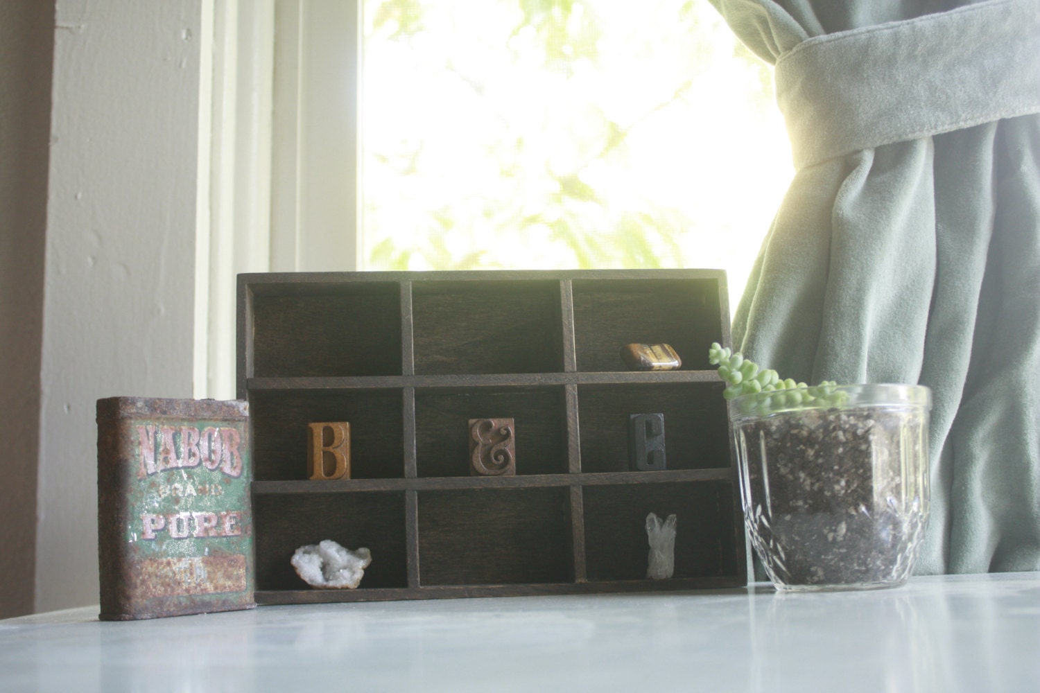 Vintage Dark Wood Shadow Box curio, display, hanging, knick knack display, slotted, shelf