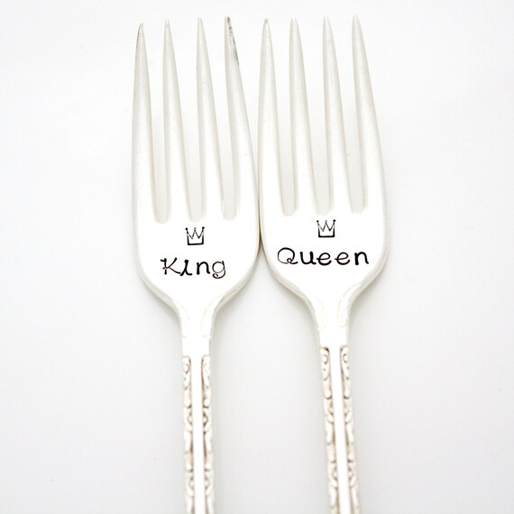 King and Queen wedding forks. Hand stamped by MilkandHoneyLuxuries