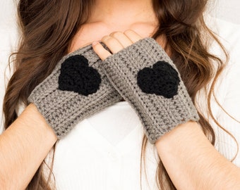 SALE--Grey & Black Heart Crochet Fingerless Gloves, Handmade Women's Warm Soft Winter Accessory, Knitted Texting Gloves, Knit Hand Warmers