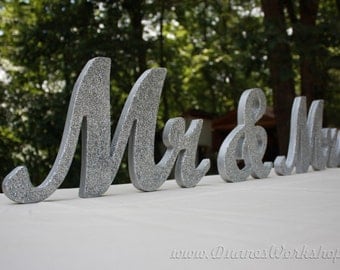 8" Wooden Mr and Mrs Wedding sign, Gold and Silver Glitter, Wedding Decor, Wedding, Mr & Mrs