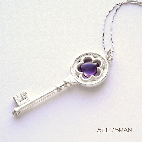 Silver key necklace Silver necklace Amethyst by Seedsman on Etsy