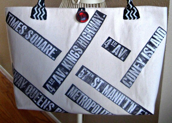 New York Tote Bag, Canvas Tote Bag with Chevron Straps, Shoulder Bag ...