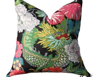 Chiang Mai Dragon Pillow Cover - Schumacher - Chinoiserie Pillow - Turquoise Black Blue Red Pink and Gold Pillow - Designer Floral Pillow