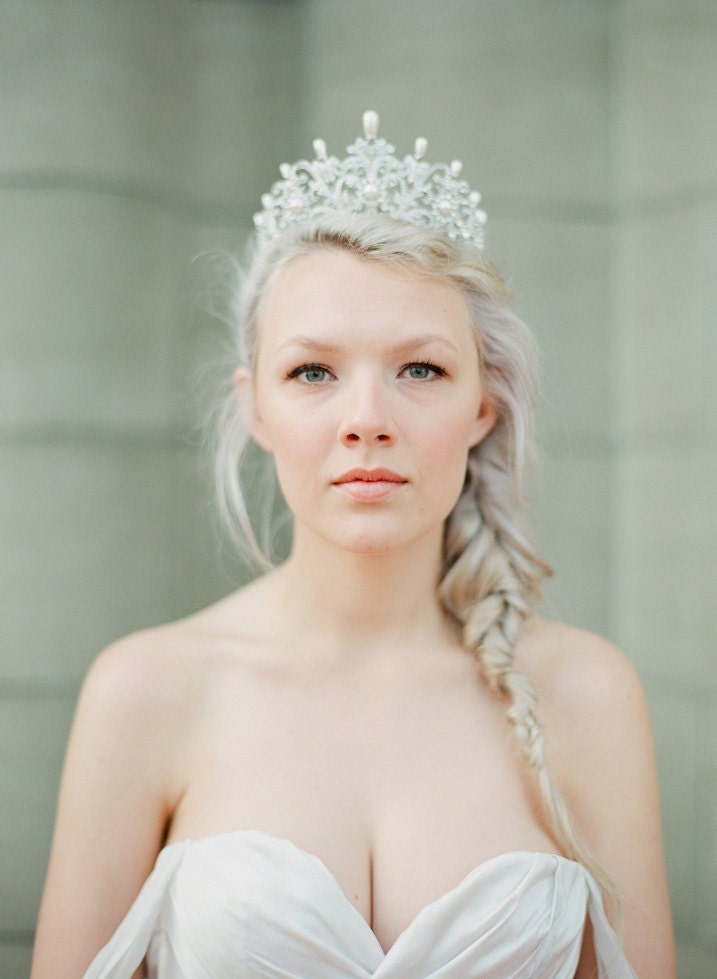 Full Bridal Crown with Pearls ALEXANDRA Swarovski Crystal