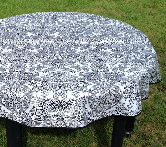 60 Oilcloth Tablecloth Round BLACK Toile Lace NO Hole