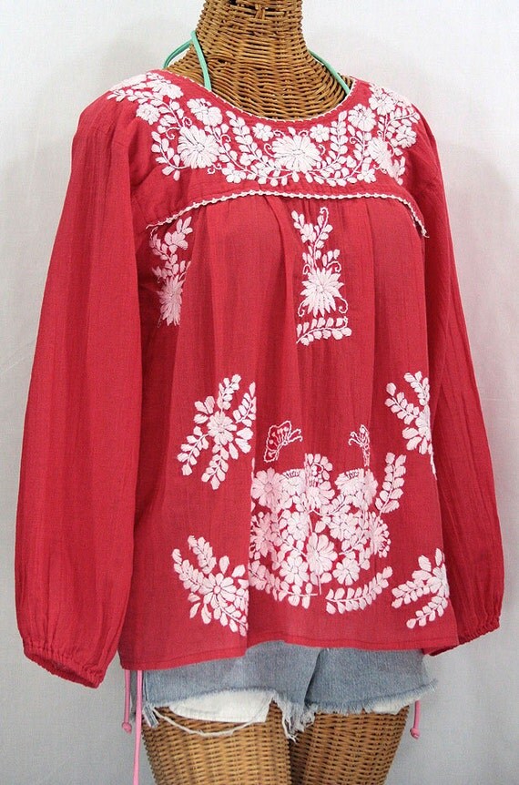 Mexican Peasant Blouse Long Sleeve Top Hand Embroidered: