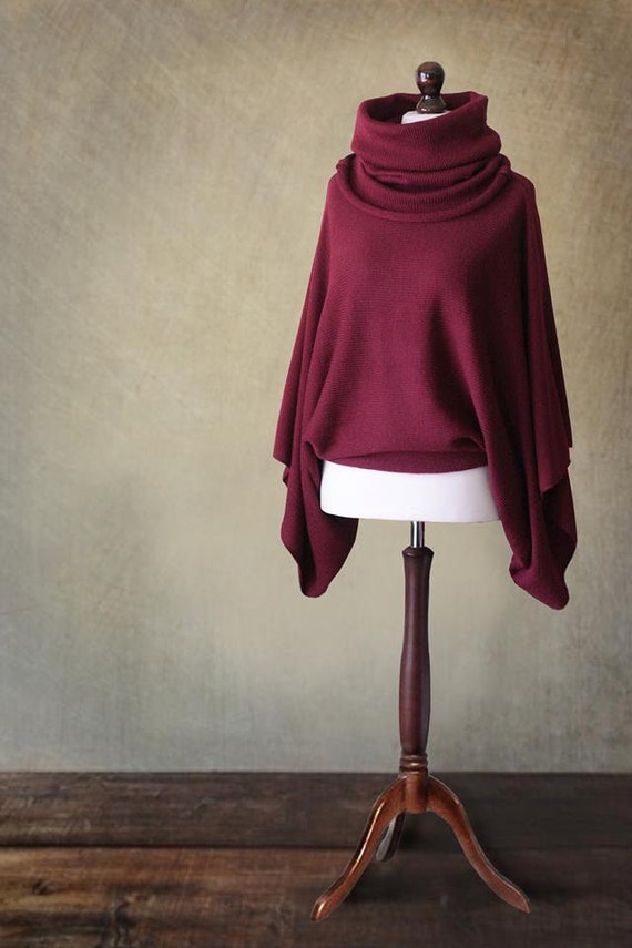 Red poncho knit sweater wrap sweater women by KnitwearFactory