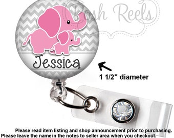 Retractable Badge Holder - Adorable Elephant Badge Reel, Stethoscope Tag, Lanyard or Carabiner - NICU Badge Holder - 1184