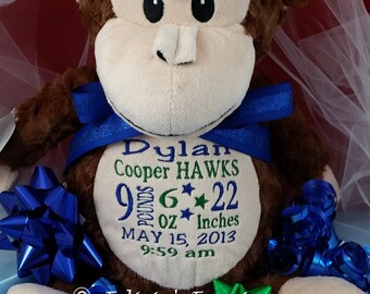 Personalized Stuffed Animal, Personalized Baby Gift, Huggles Monkey Cubbie Stuffie Birth Announcement by Felicia's Fancies Baby Boutique