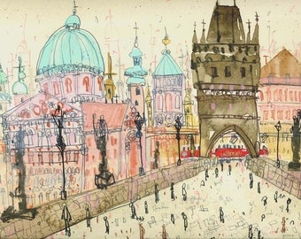 PRAGUE ART PRINT, Charles Bridge Czech Republic, Watercolor Painting, Signed Limited Edition, Prague Tram, Vltava River, Clare Caulfield