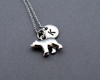 Polar bear Necklace, Bear charm necklace, initial necklace, initial hand stamped, personalized, antique silver, monogram