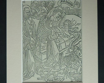 1880s Antique Ars Moriendi Print, Available Framed, Death Art, of Dying Well, Temptation Picture, Demons Wall Art Medieval Book Illustration