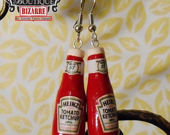 Miniature Ketchup Bottle Earring Dangles, Miniature Polymer Clay Food! cute! Retro Heinz Ketchup Glass Bottles