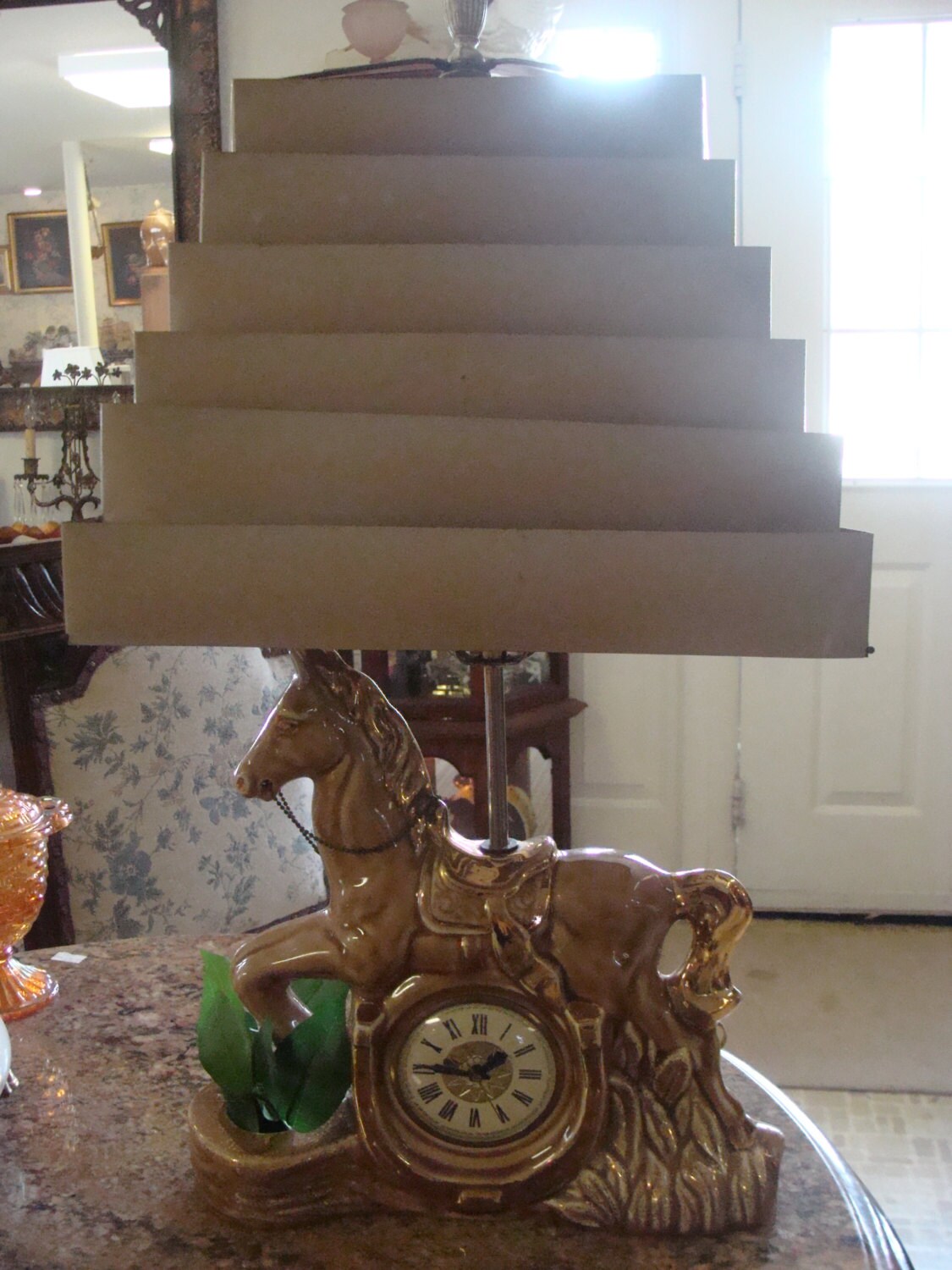 Horse Clock And Lamp With Blind Shade