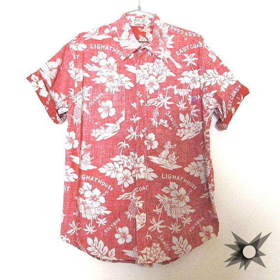 Vintage 1990's Men's Red and White Floral Tropical