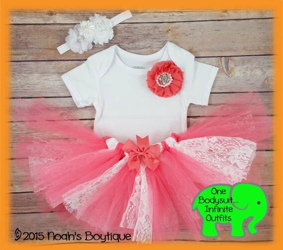 Baby Girl Clothes - Girls First Birthday - Coral White Rhinestone Pearls Flower - Coral Lace Tutu - Headband - Trendy Baby Girl - Cute by NoahsBoytiques