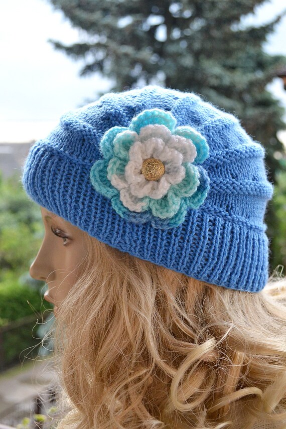 Knitted flower cap hat lovely warm autumn accessories women