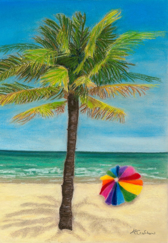 SUNNY BEACH with palm tree original pastel drawing by 23HourStudio