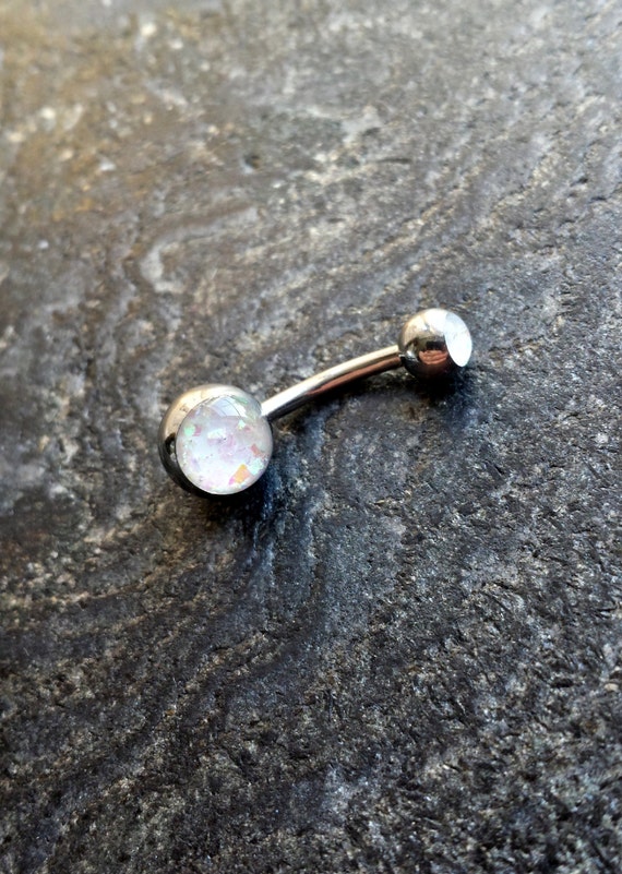 White Glitter Made Opal Stone 14G Navel by FeatherBlueJewelry