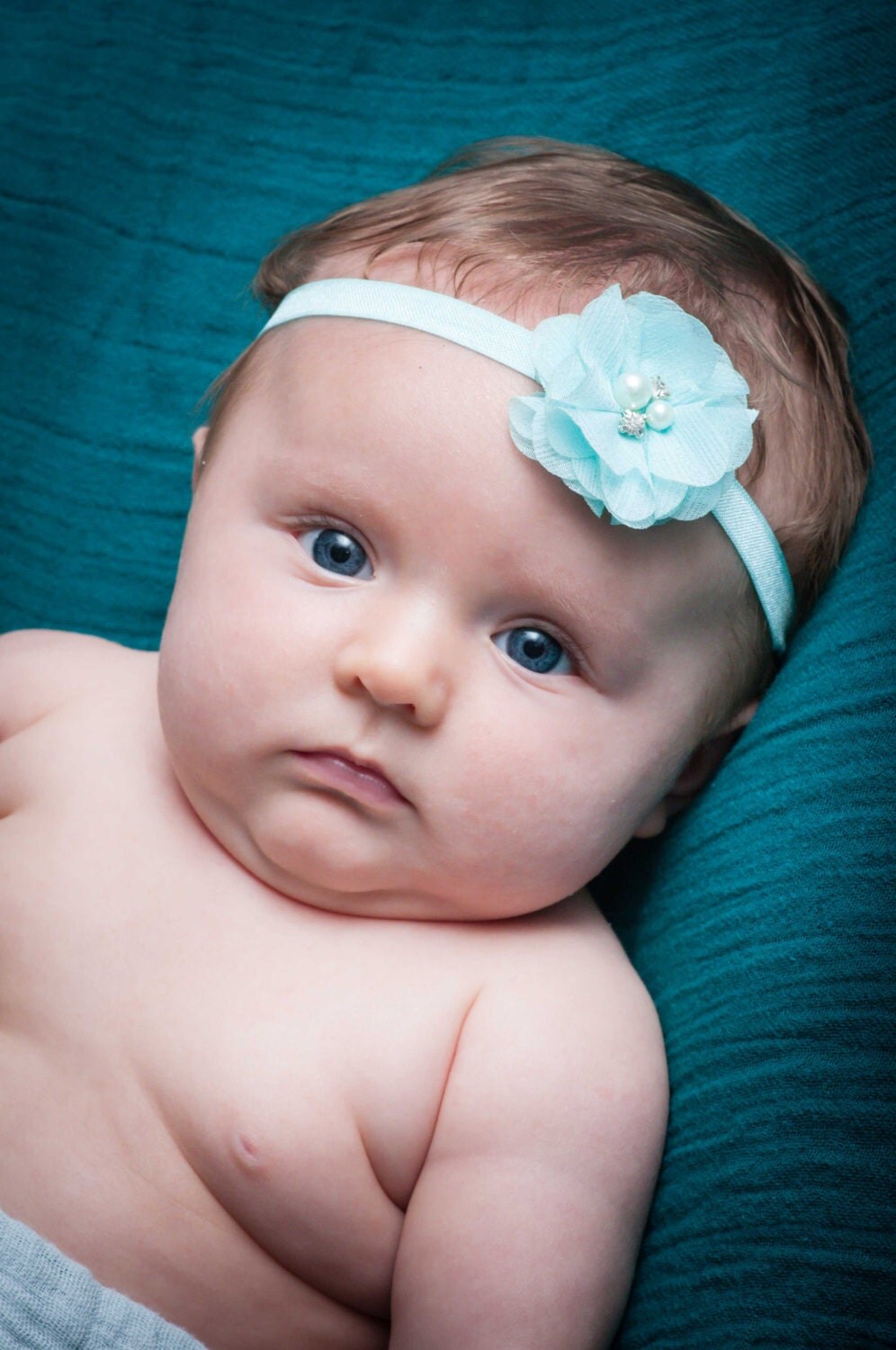 Aqua Flower Headband, Aqua Baby Headband, Elastic Baby Headband