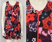 Vintage 60s Mod Colorful Floral Mini Dress, Shift Dress, Flower Power Hippie Dress, Sleeveless Summer Dress, Loose Fitting Dress