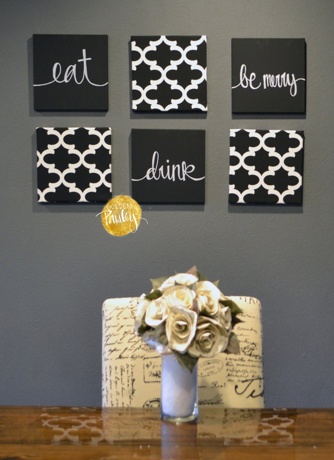 Eat Drink & Be Merry Black White Wall Art 6-Pack Canvas Wall