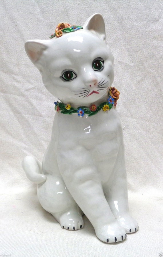 Cute White Cat Statue w/ Ornate Floral Head & Collar Decor