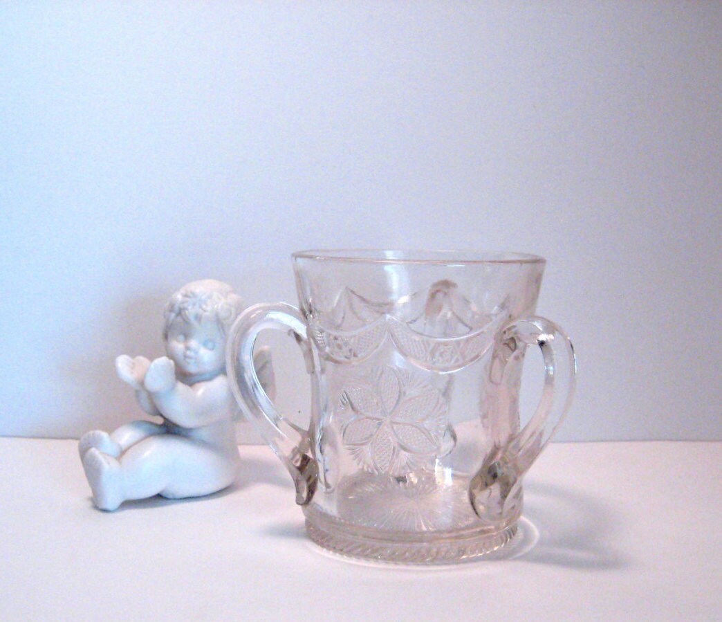 Antique Loving Cup 3 Handled Early American Pressed Glass Cup