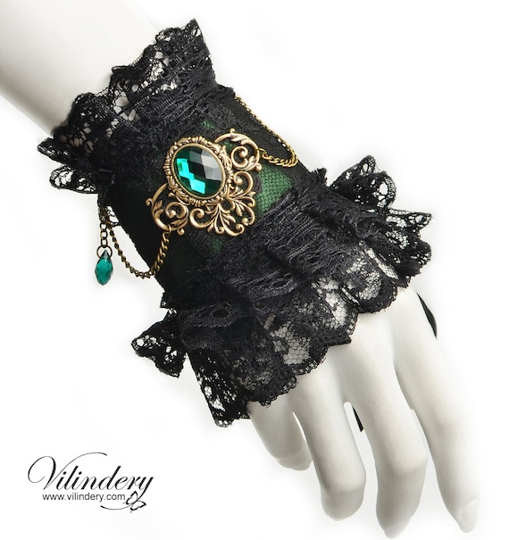 Little green Victorian cuff - Fantasy cuff with a beautiful cameo frame and green glass crystals, Nature inspired fashion, Spring cosplay by Vilindery steampunk buy now online