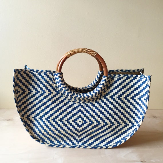 RESERVED Vintage Market Tote Bag Woven Straw Blue White